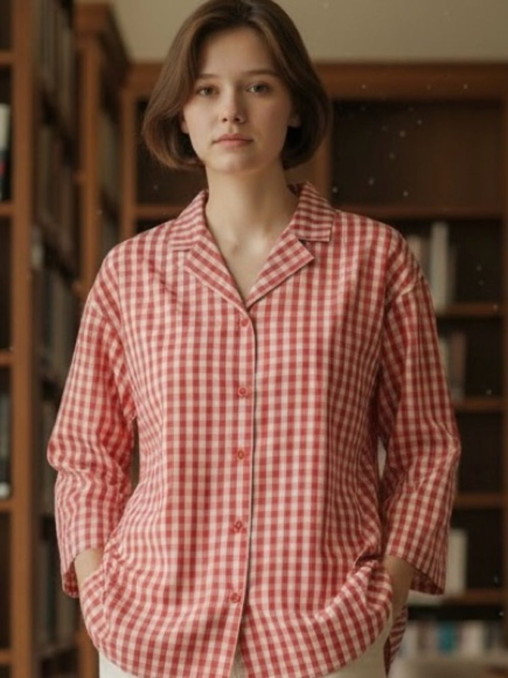 Lafayette 148 New York Coral and White Gingham 3/4 Sleeve Blouse